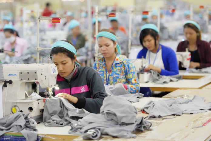 Cambodian garment workers working