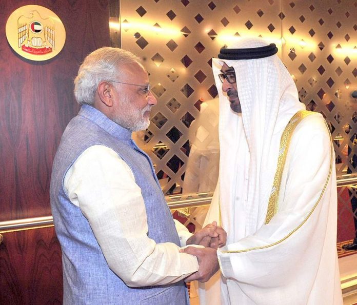 Prime Minister Narendra Modi being received by Abu Dhabi Crown Prince Mohammed bin Zayed