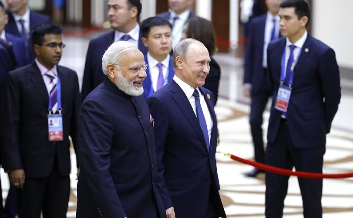 Prime Minister Narendra Modi and President Vladimir Putin at the 2017 Shanghai Cooperation Organisation summit in Astana, Kazakhstan